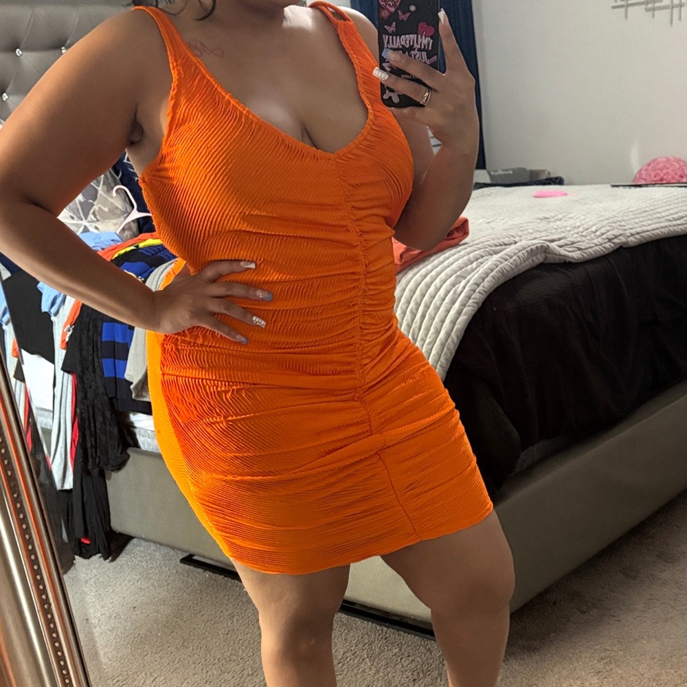 PrettyLittleThing Bright Orange Ruched Mini Dress